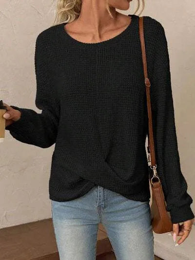Twisted Waffle-Knit Dropped Shoulder T-Shirt Black Women's T-Shirts - Tophatter Daily Deals