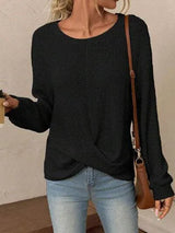 Twisted Waffle-Knit Dropped Shoulder T-Shirt Black Women's T-Shirts - Tophatter Daily Deals