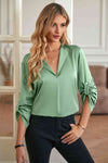 Roll-Tab Sleeve Collared Neck Blouse Gum Leaf Blouses - Tophatter Daily Deals