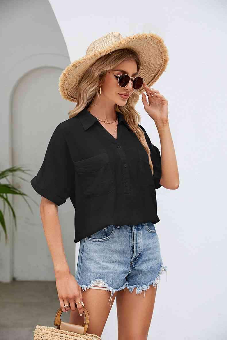 Half Button Johnny Collar Blouse Blouses - Tophatter Daily Deals