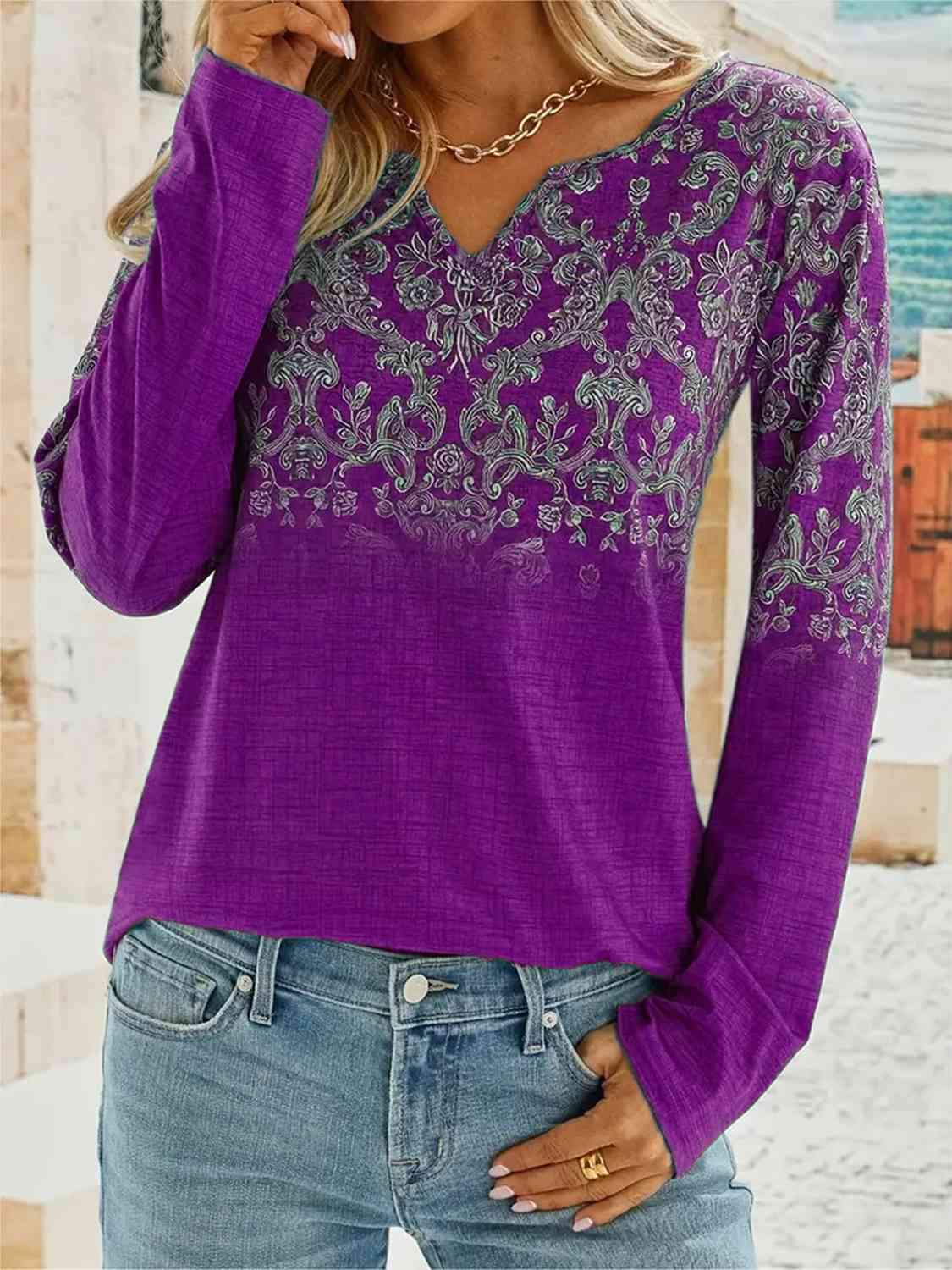 Printed Notched Long Sleeve T-Shirt Purple Women's T-Shirts - Tophatter Daily Deals