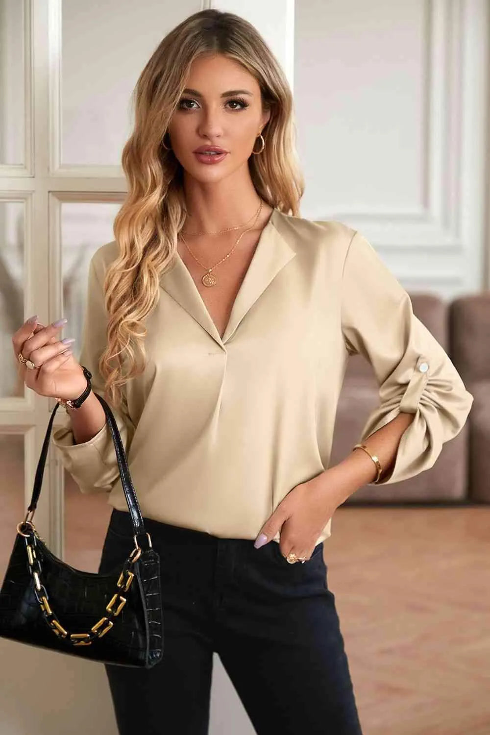 Roll-Tab Sleeve Collared Neck Blouse Blouses - Tophatter Daily Deals
