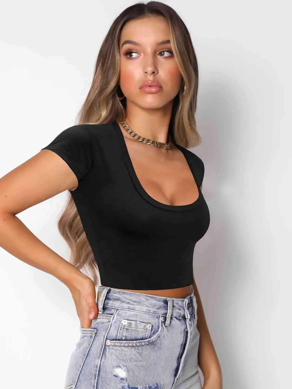Square Neck Cropped T-Shirt Blouses - Tophatter Daily Deals