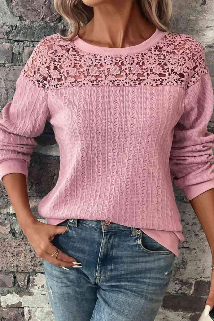 Lace Detail Round Neck Top Dusty Pink Blouses - Tophatter Daily Deals