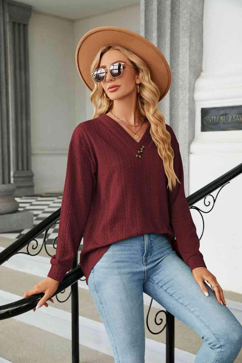 Decorative Button V-Neck Long Sleeve T-Shirt Women's T-Shirts - Tophatter Daily Deals