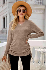 Heathered Drawstring V-Neck Top Khaki Women's T-Shirts - Tophatter Daily Deals