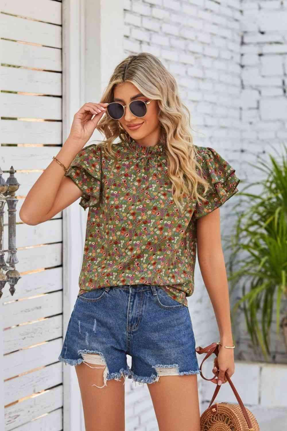 Floral Ruffle Collar Flutter Sleeve Blouse Blouses - Tophatter Daily Deals