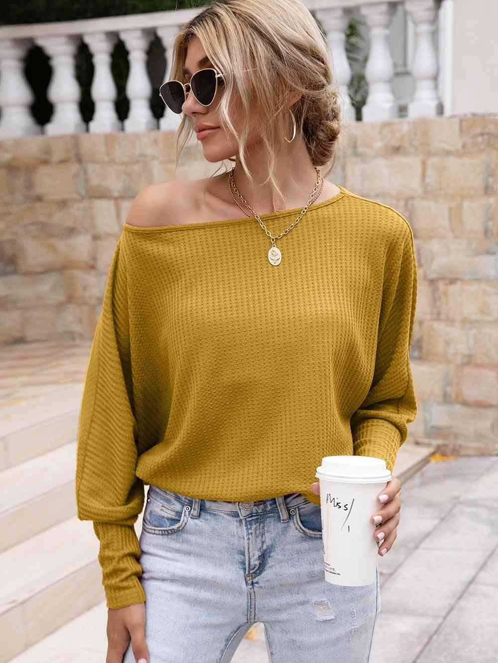 Waffle-Knit Boat Neck Long Sleeve Top Blouses - Tophatter Daily Deals