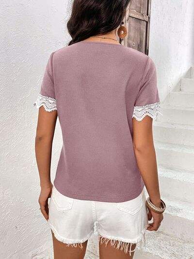 Lace Detail V-Neck Short Sleeve T-Shirt Women's T-Shirts - Tophatter Daily Deals