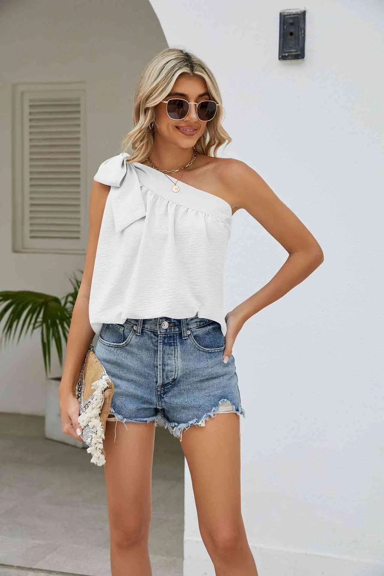 Tied One-Shoulder Sleeveless Top White Blouses - Tophatter Daily Deals