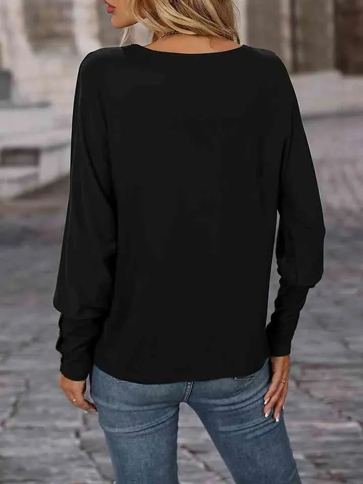 Contrast V-Neck Long Sleeve Top Blouses - Tophatter Daily Deals