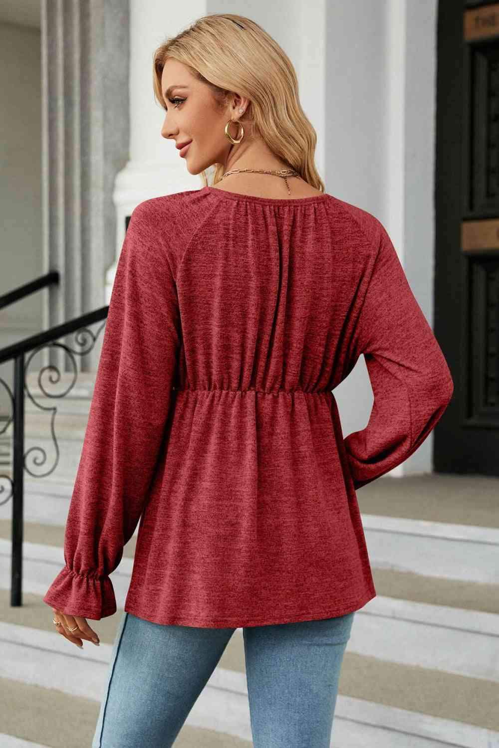 Round Neck Flounce Sleeve Blouse Blouses - Tophatter Daily Deals