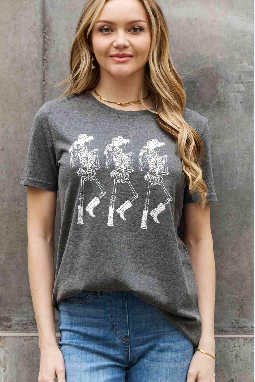 Simply Love Full Size Triple Skeletons Graphic Cotton Tee Charcoal Women's T-Shirts - Tophatter Daily Deals