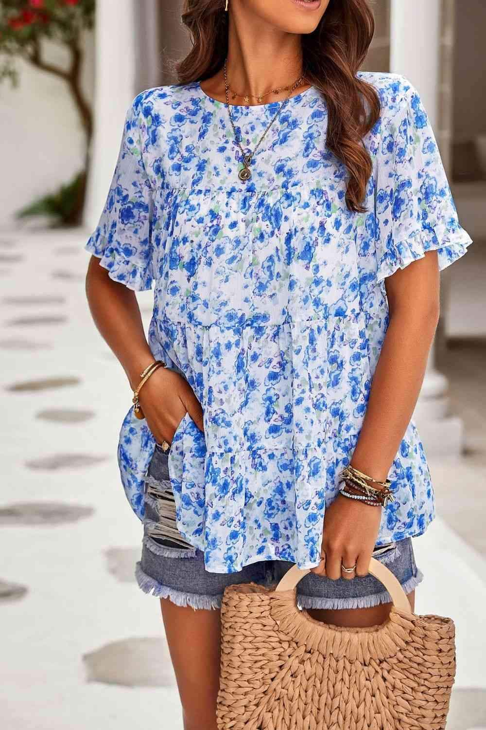 Printed Round Neck Tiered Top Blue Blouses - Tophatter Daily Deals