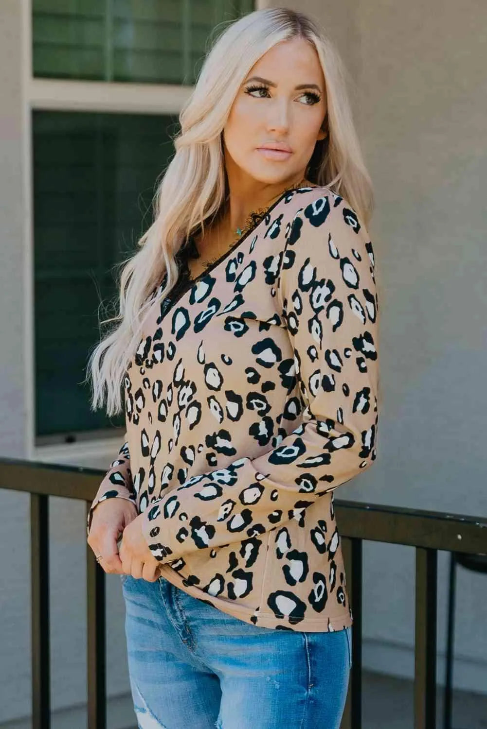 Leopard Print Lace Trim V-Neck Top Blouses - Tophatter Daily Deals