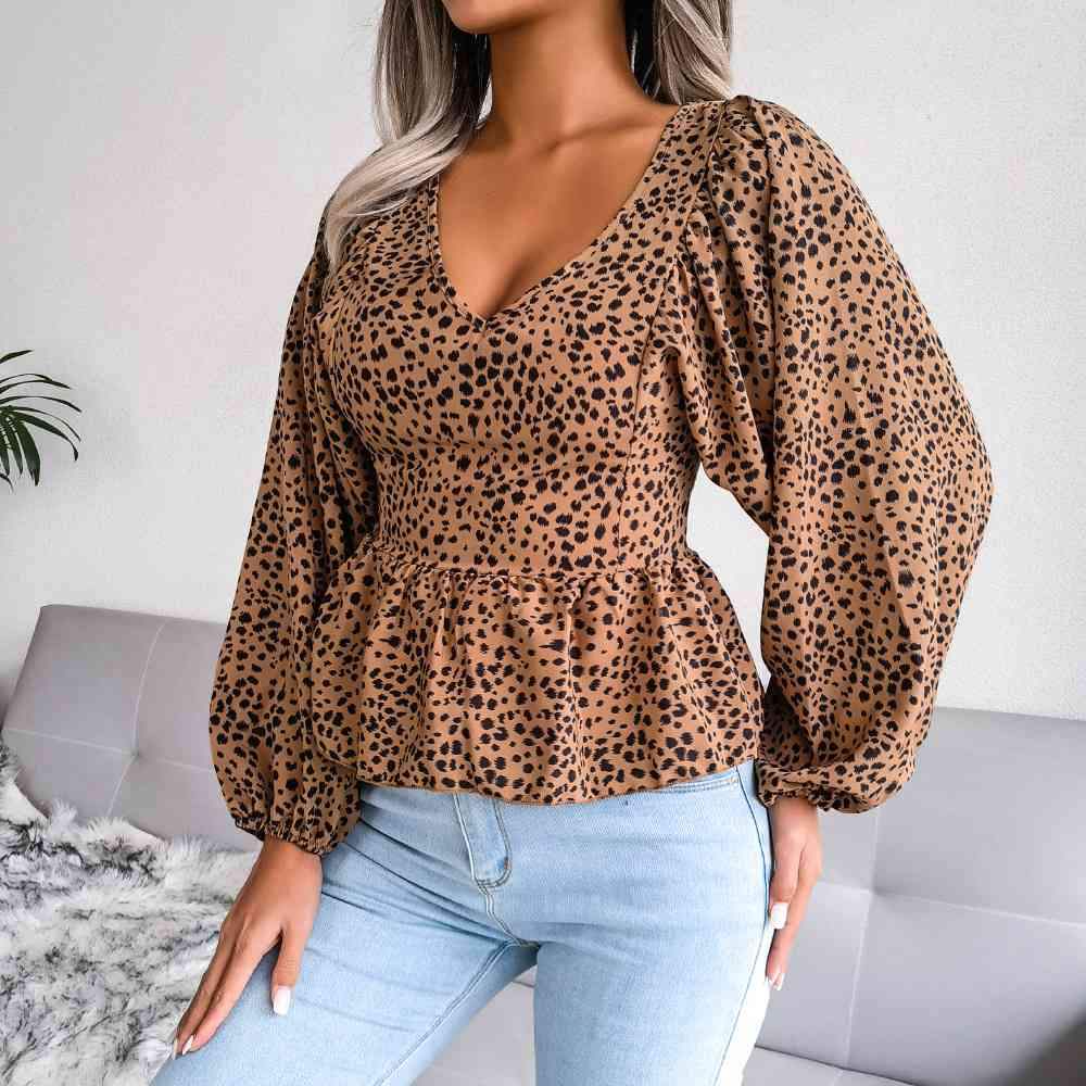 Printed Balloon Sleeve Peplum Blouse Blouses - Tophatter Daily Deals