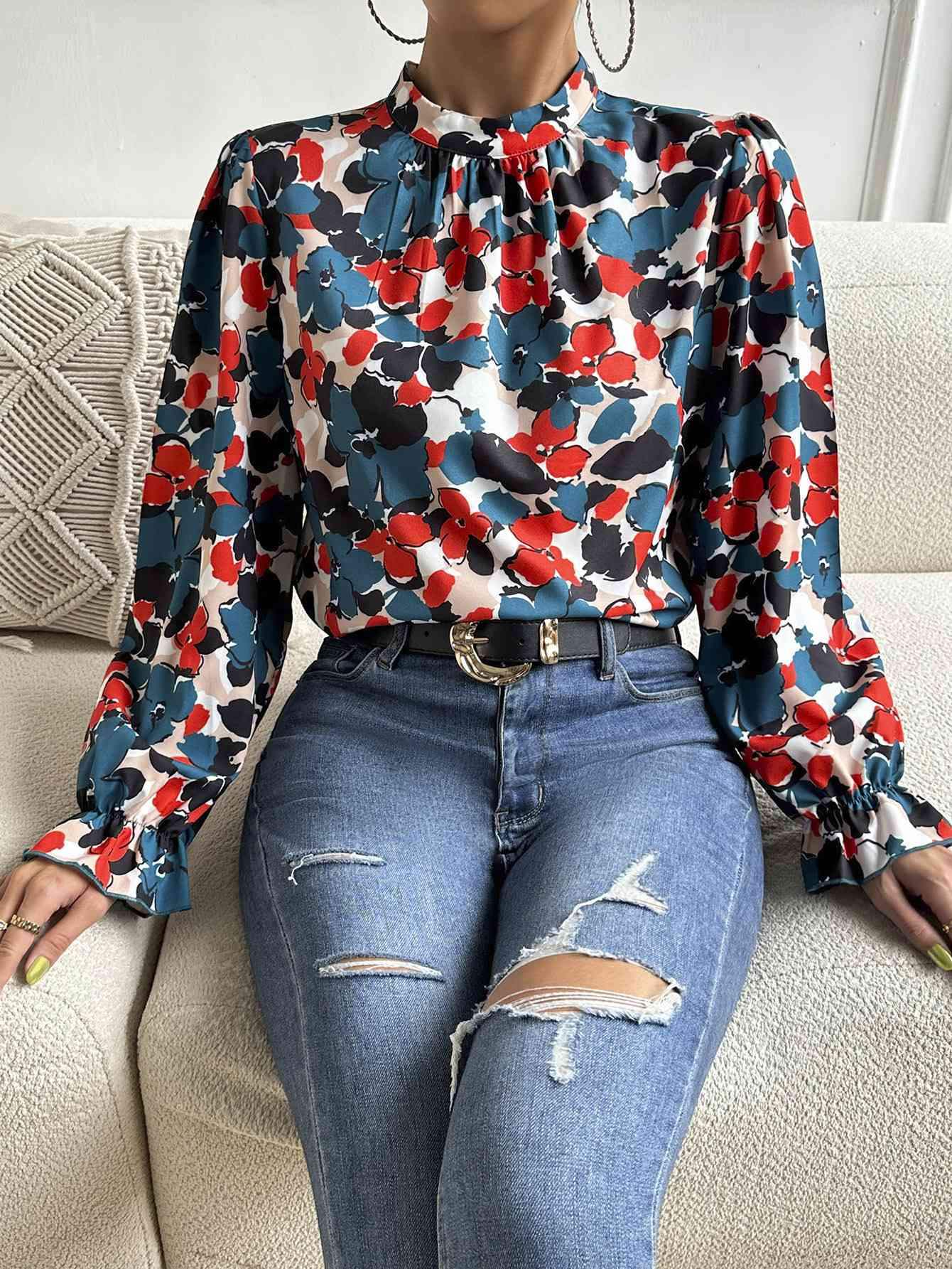 Floral Mock Neck Long Flounce Sleeve Blouse Blouses - Tophatter Daily Deals