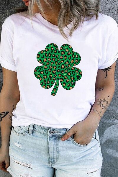 Plus Size Lucky Clover Round Neck T-Shirt White Women's T-Shirts - Tophatter Daily Deals