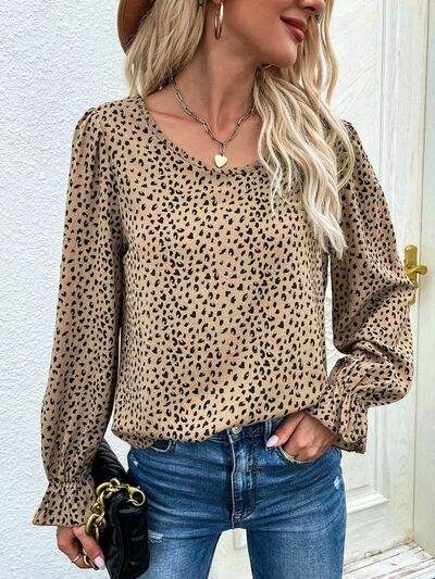 Leopard Round Neck Flounce Sleeve Blouse Tan Blouses - Tophatter Daily Deals