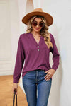 Buttoned Notched Neck Long Sleeve Top Fuchsia Blouses - Tophatter Daily Deals