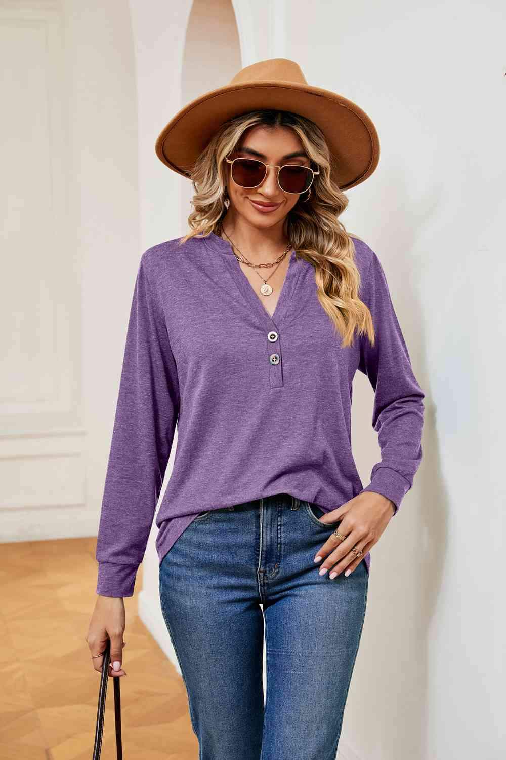 Buttoned Notched Neck Long Sleeve Top Lavender Blouses - Tophatter Daily Deals