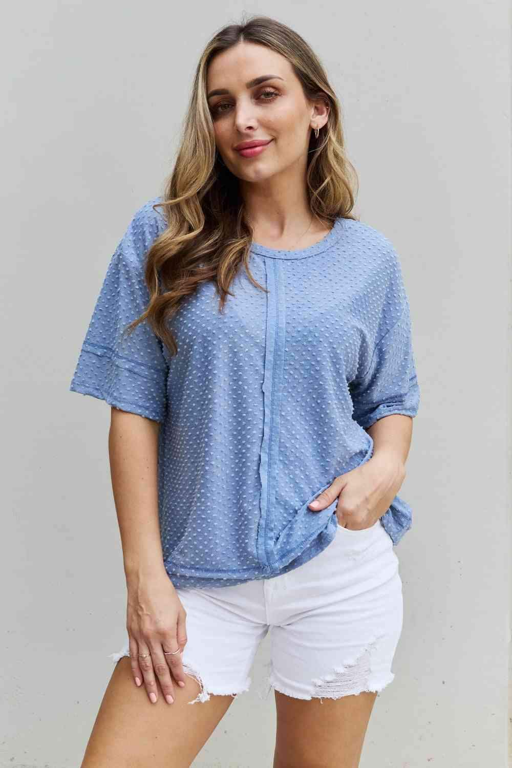 HOPELY Cater 2 You Swiss Dot Reverse Stitch Short Sleeve Top Pastel Blue Blouses - Tophatter Daily Deals