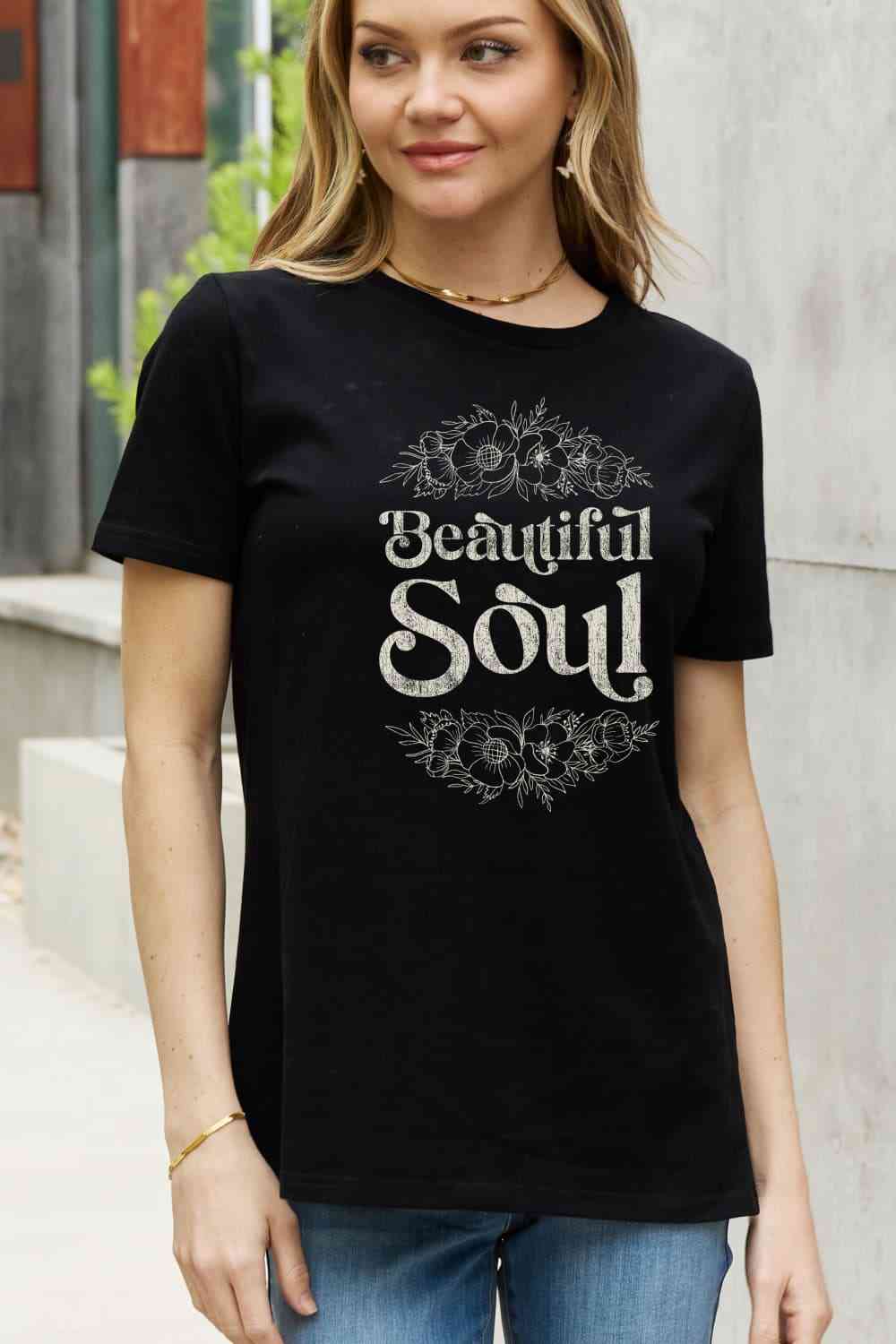 Simply Love Full Size BEAUTIFUL SOUL Graphic Cotton Tee Black Women's T-Shirts - Tophatter Daily Deals