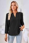 V-Neck Roll-Tap Sleeve Blouse Black Blouses - Tophatter Daily Deals