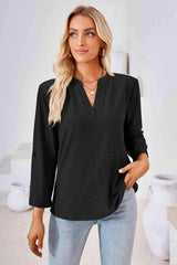 V-Neck Roll-Tap Sleeve Blouse Black Blouses - Tophatter Daily Deals
