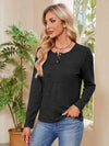 Buttoned Round Neck Long Sleeve T-Shirt Black Women's T-Shirts - Tophatter Daily Deals