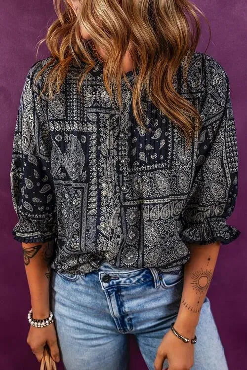 Printed Buttoned Flounce Sleeve Blouse Dark Navy Blouses - Tophatter Daily Deals