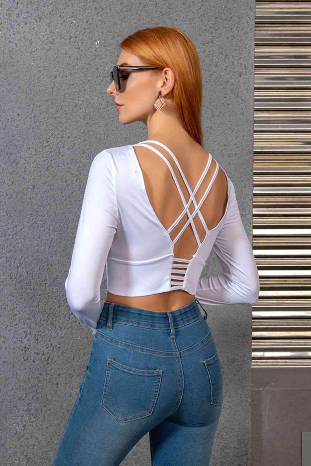 Round Neck Cropped Crisscross Back Long Sleeve Blouse Women's T-Shirts - Tophatter Daily Deals