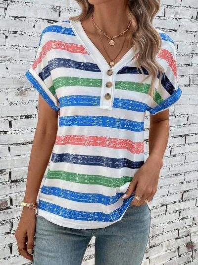 Striped V-Neck Short Sleeve T-Shirt Women's T-Shirts - Tophatter Daily Deals