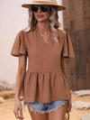 Ribbed Flutter Sleeve Notched Peplum Blouse Blouses - Tophatter Daily Deals