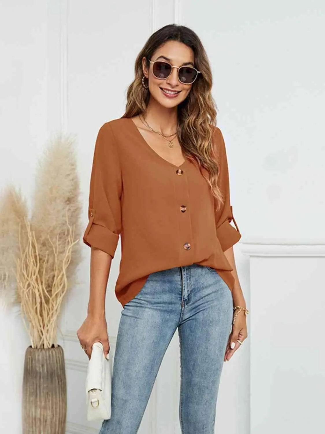 Roll-Tap Long Sleeve V-Neck Buttoned Blouse Caramel Blouses - Tophatter Daily Deals