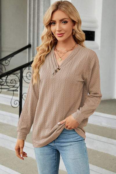 Decorative Button V-Neck Long Sleeve T-Shirt Tan Women's T-Shirts - Tophatter Daily Deals