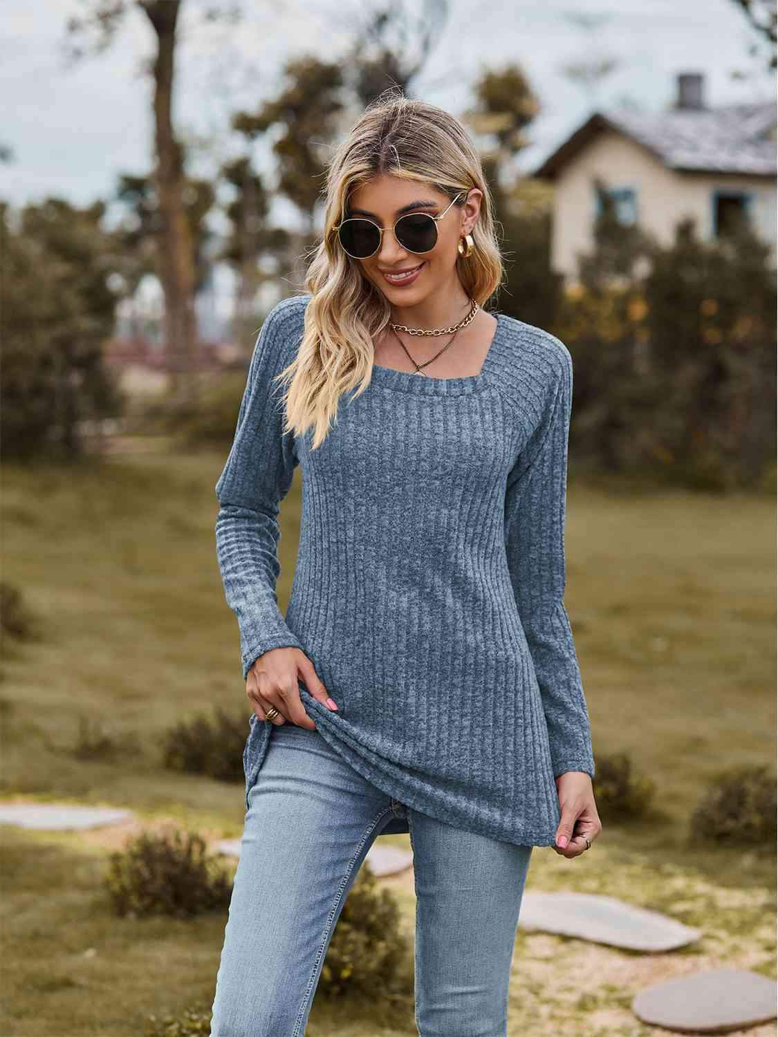 Full Size Ribbed Square Neck Long Sleeve T-Shirt Women's T-Shirts - Tophatter Daily Deals