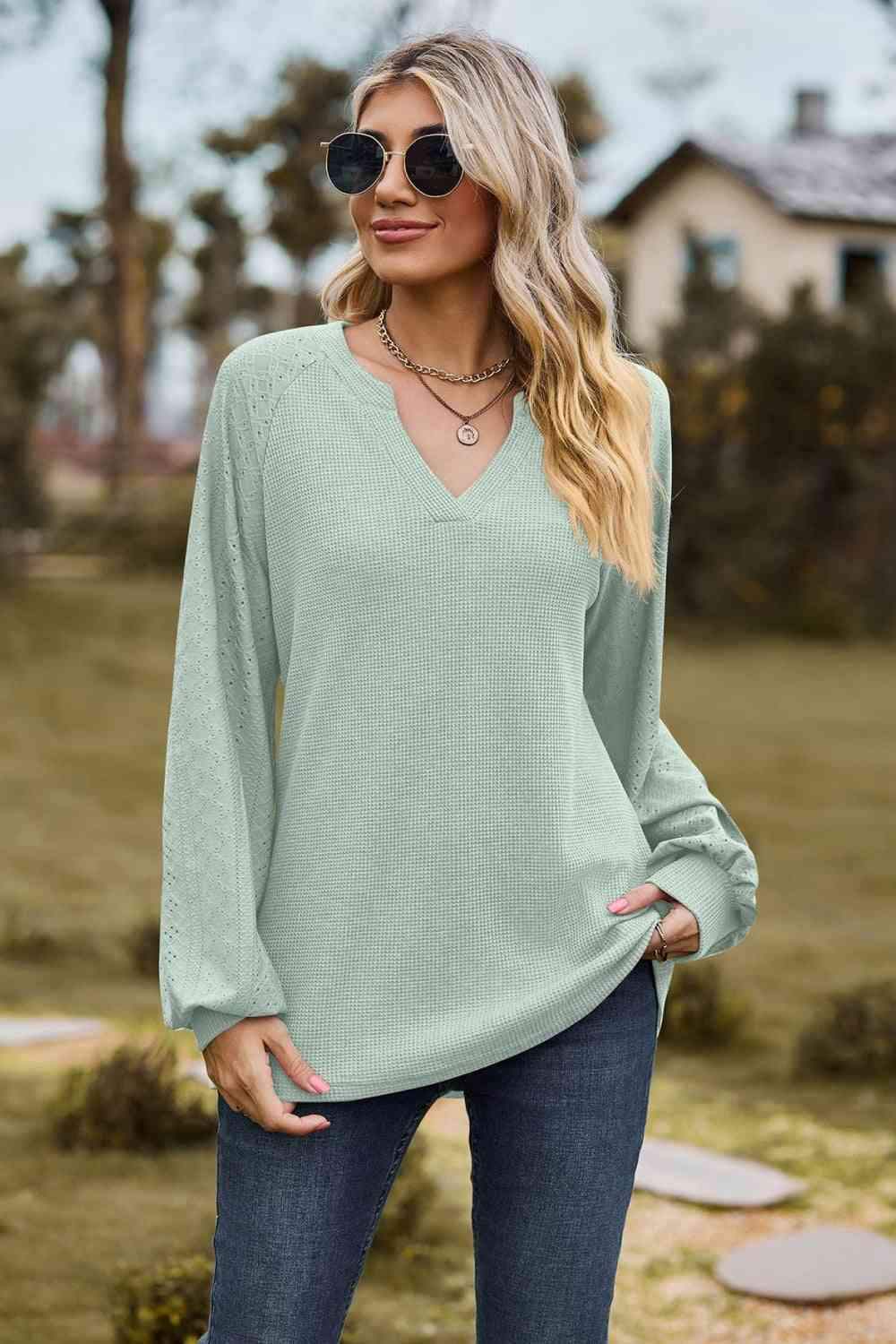 Notched Neck Raglan Sleeve Blouse Blouses - Tophatter Daily Deals