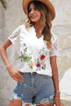 Floral Graphic Scalloped V-Neck Top White Blouses - Tophatter Daily Deals