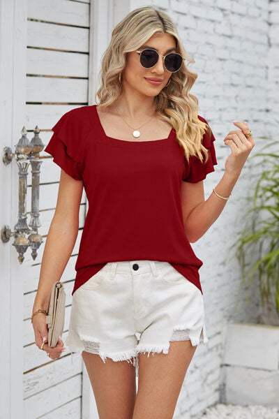 Square Neck Flutter Sleeve T-Shirt Women's T-Shirts - Tophatter Daily Deals