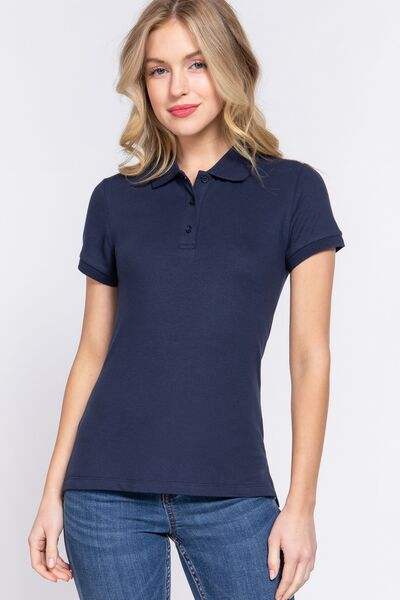 ACTIVE BASIC Full Size Classic Short Sleeve Polo Top NAVY Women's T-Shirts - Tophatter Daily Deals