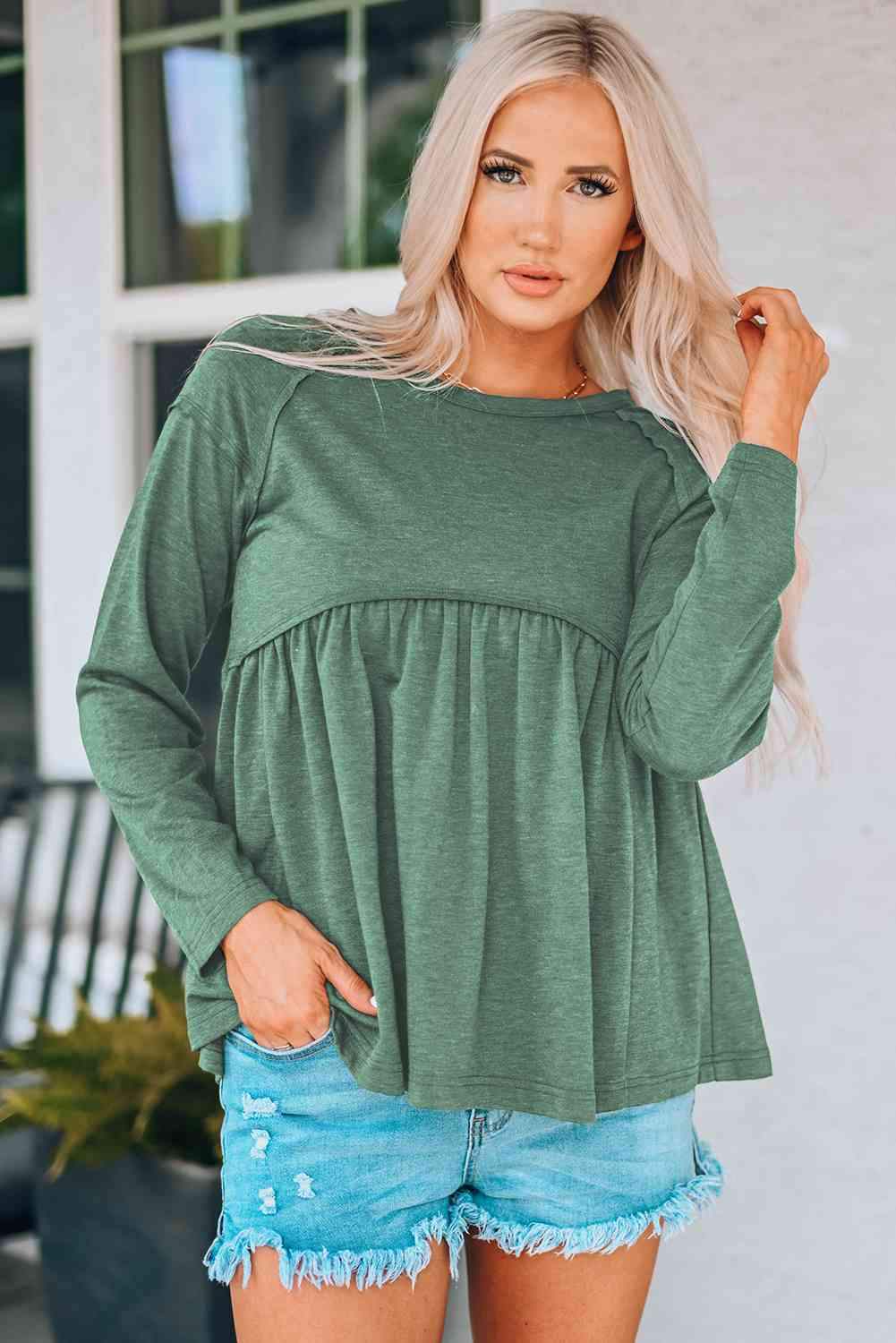 Round Neck Raglan Sleeve Babydoll Top Blouses - Tophatter Daily Deals