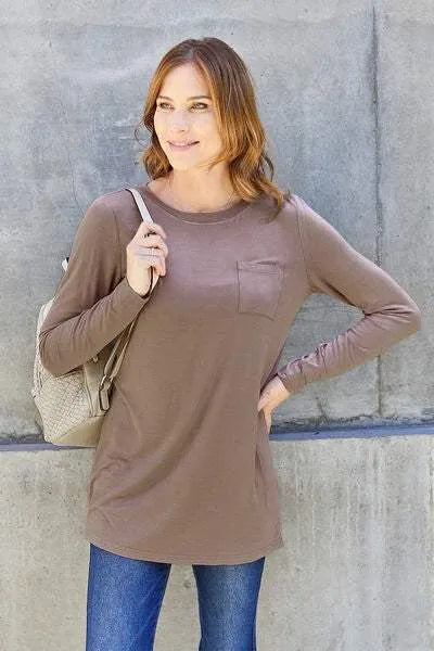Basic Bae Full Size Round Neck Long Sleeve Top Taupe Blouses - Tophatter Daily Deals