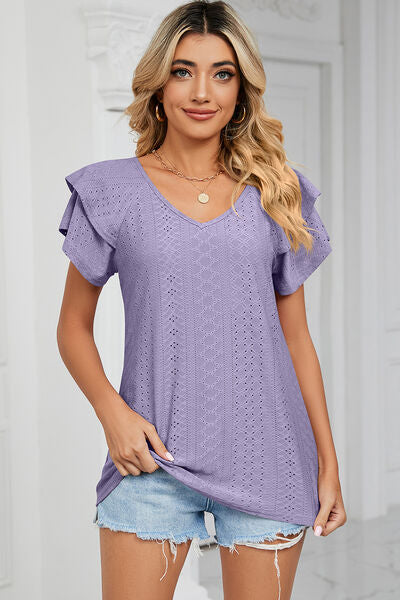 Eyelet V-Neck Short Sleeve T-Shirt Lavender Women's T-Shirts - Tophatter Daily Deals