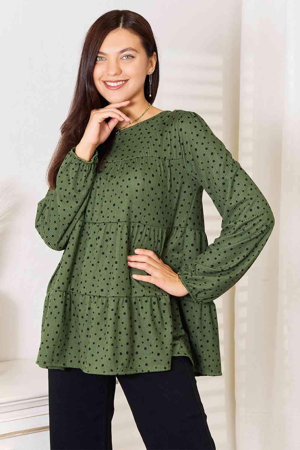 Heimish Full Size Long Puff Sleeve Polka Tiered Top Blouses - Tophatter Daily Deals