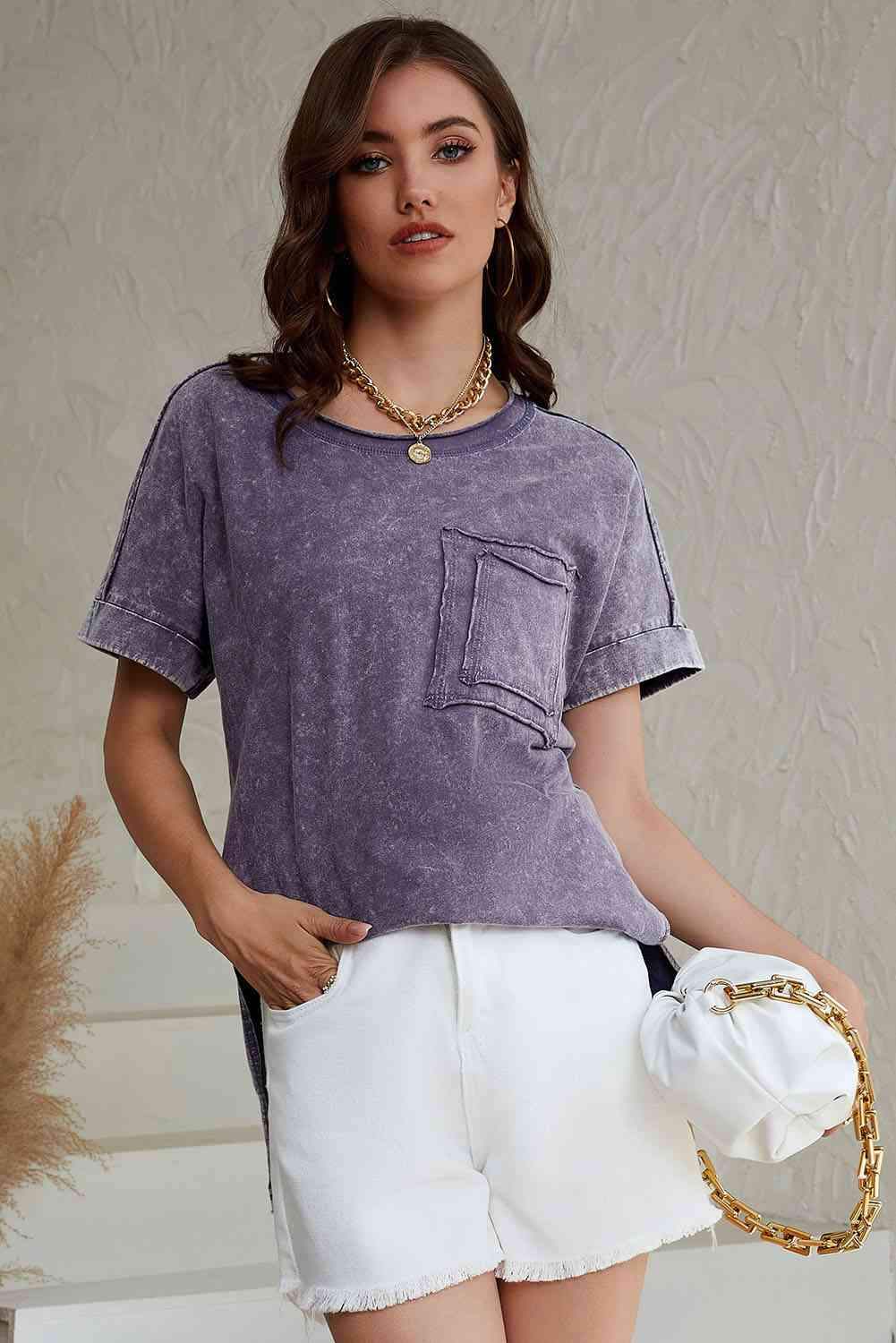 Mineral Wash Round Neck Short Sleeve Blouse Blouses - Tophatter Daily Deals