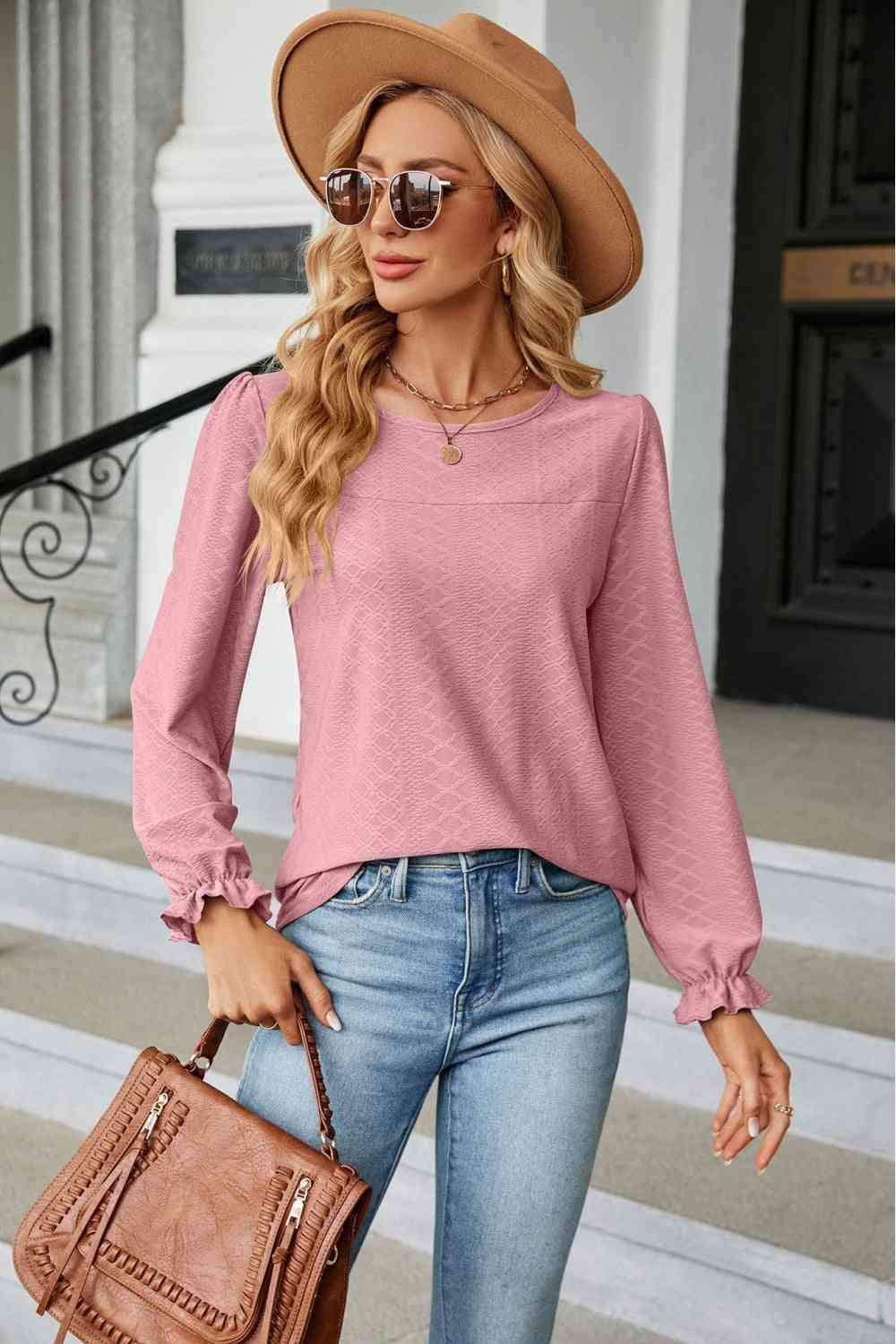 Round Neck Flounce Sleeve Blouse Carnation Pink Blouses - Tophatter Daily Deals