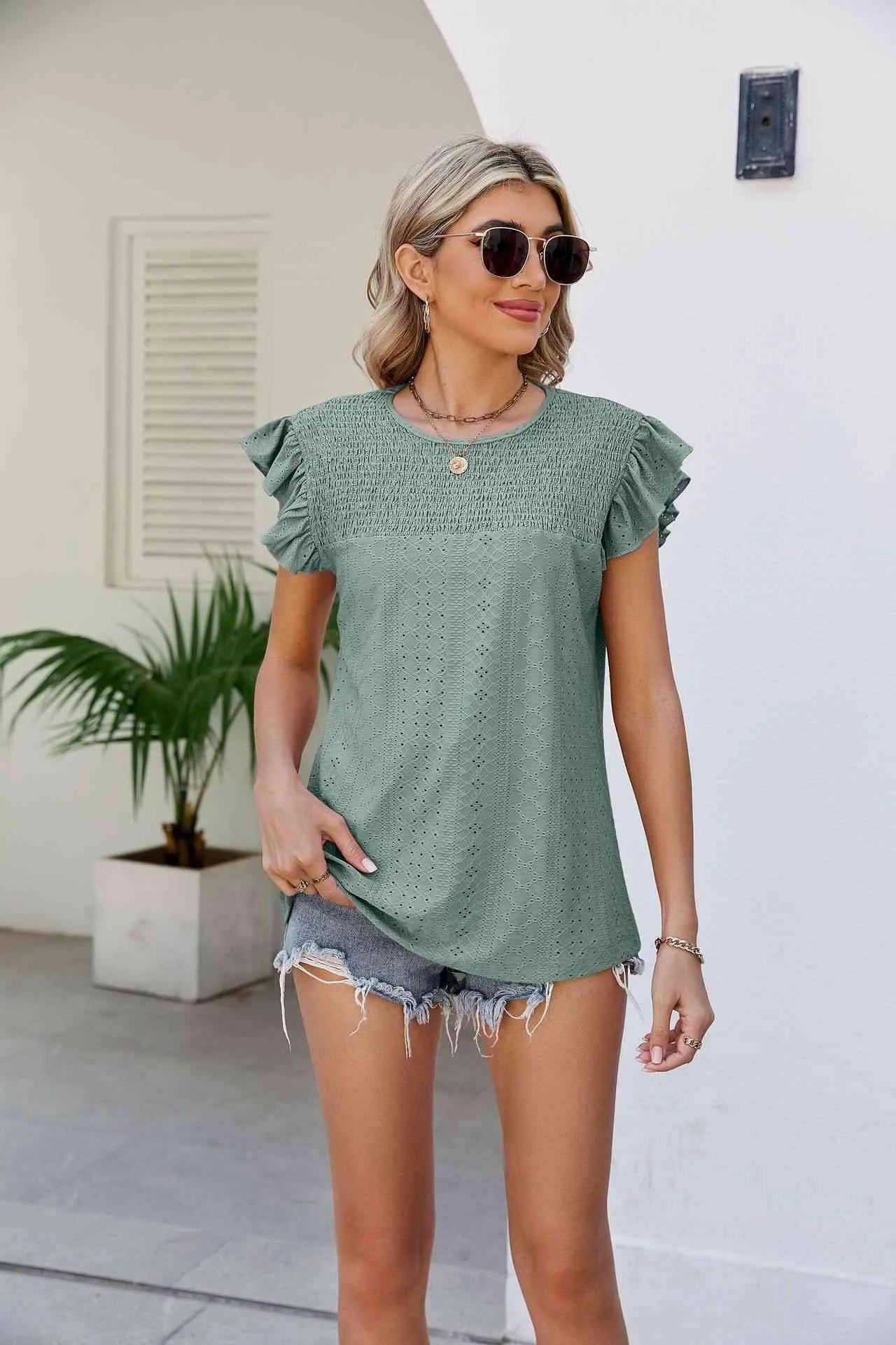 Smocked Round Neck Flutter Sleeve Top Blouses - Tophatter Daily Deals