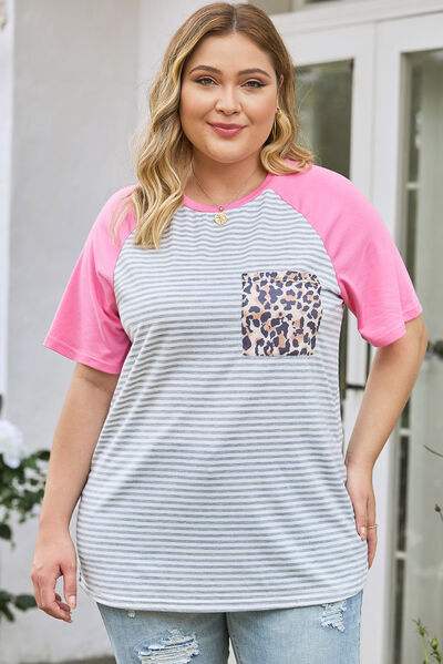 Plus Size Striped Leopard Round Neck T-Shirt Women's T-Shirts - Tophatter Daily Deals