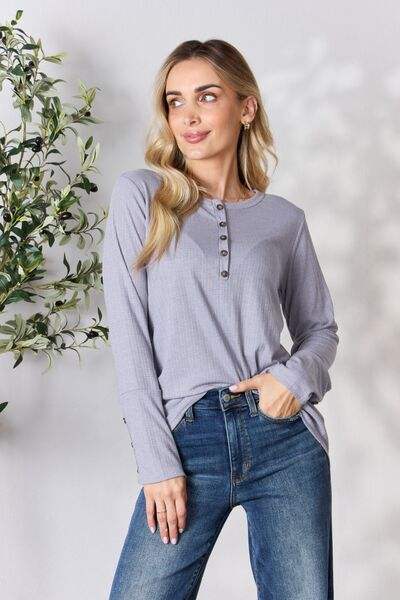 Heimish Full Size Texture Half Button Long Sleeve Top Blouses - Tophatter Daily Deals